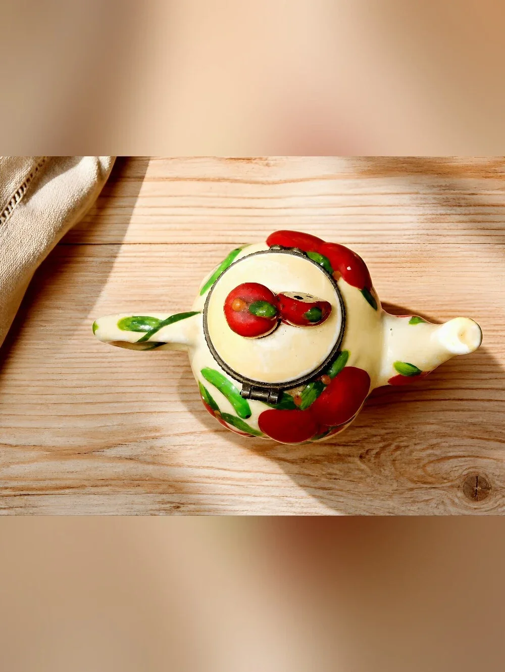 Miniature Hand-Painted Apple Teapot Hinged Trinket Box